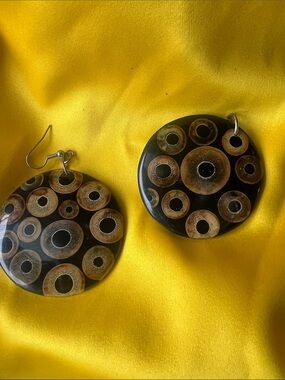 Round Black and Brown Resin Circle Pattern Earrings